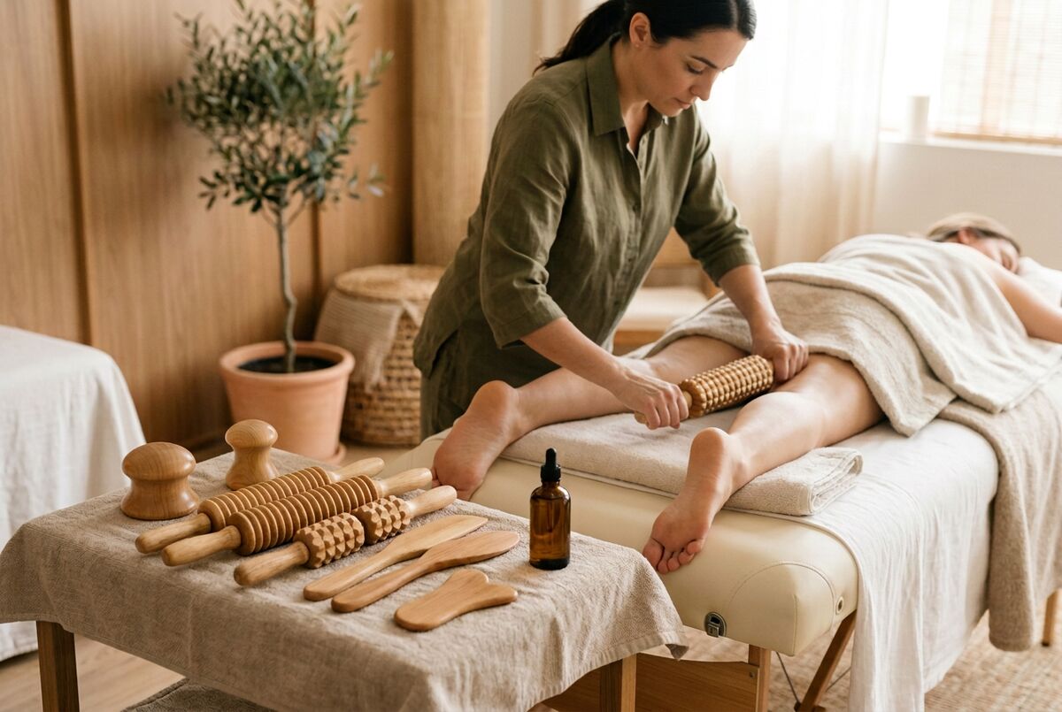 Instrumentos de maderoterapia y aplicación con rodillo de madera en la pierna